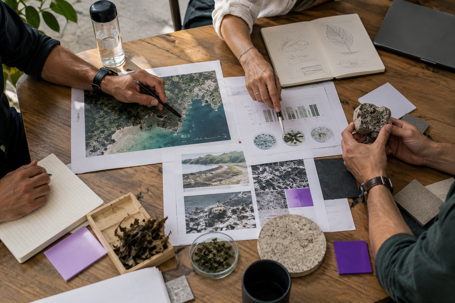 Equipo multidisciplinario revisando información científica y ambiental sobre una mesa