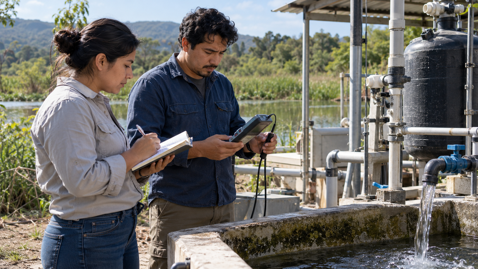 Especialistas verificando una instalación piloto de tratamiento de agua